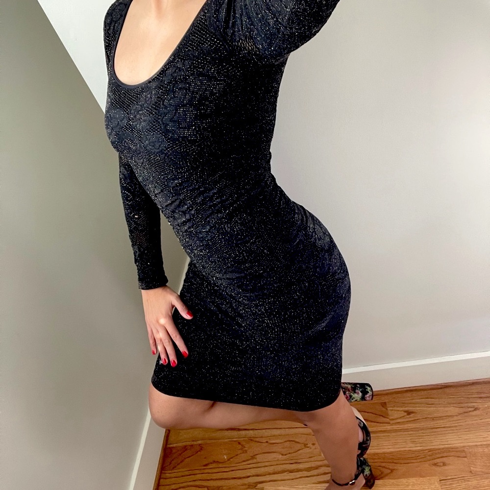 BEBE shimmering black bodycon dress long sleeves
